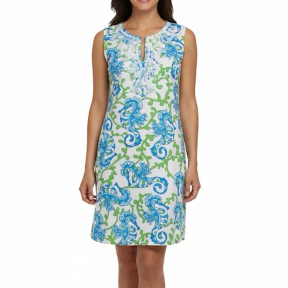 Barbara Gerwit Vintage Sleeveless Notch V Neck Shift Dress Seahorses Size M